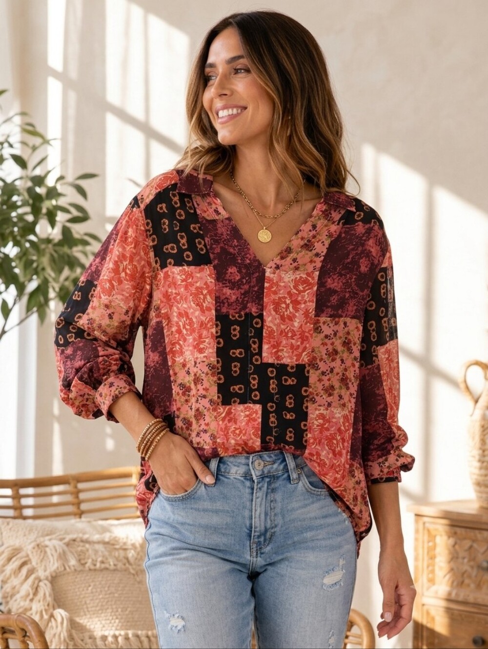 Boho Anthro Porridge Patchwork  Paisley Button Down Blouse  Earthy Terra Size M